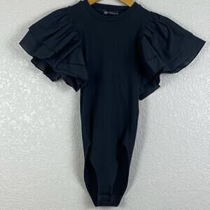 Zara Bodysuit Womens Small Black Ribbed Ruffle‎ Sleeves Minimalist Whimsigoth